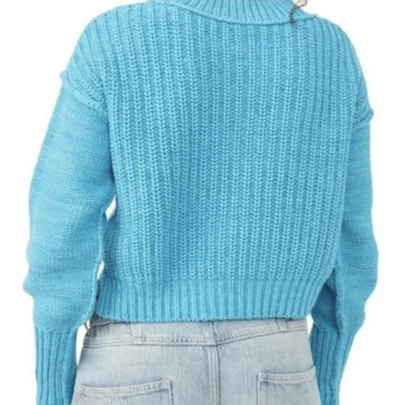 NWT Free People Bell Song Cropped Knit Long Sleeve Sweater Size XS Teal Blue - Picture 11 of 11